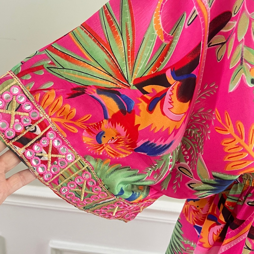 Dress Nado Tropical Bird Mini Dress S Womens Boho Mirror Embroidered Pink Kaftan - Picture 5 of 13
